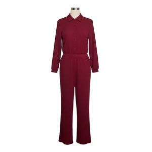 Women's Long Sleeve Button-Front Jumpsuit in Red